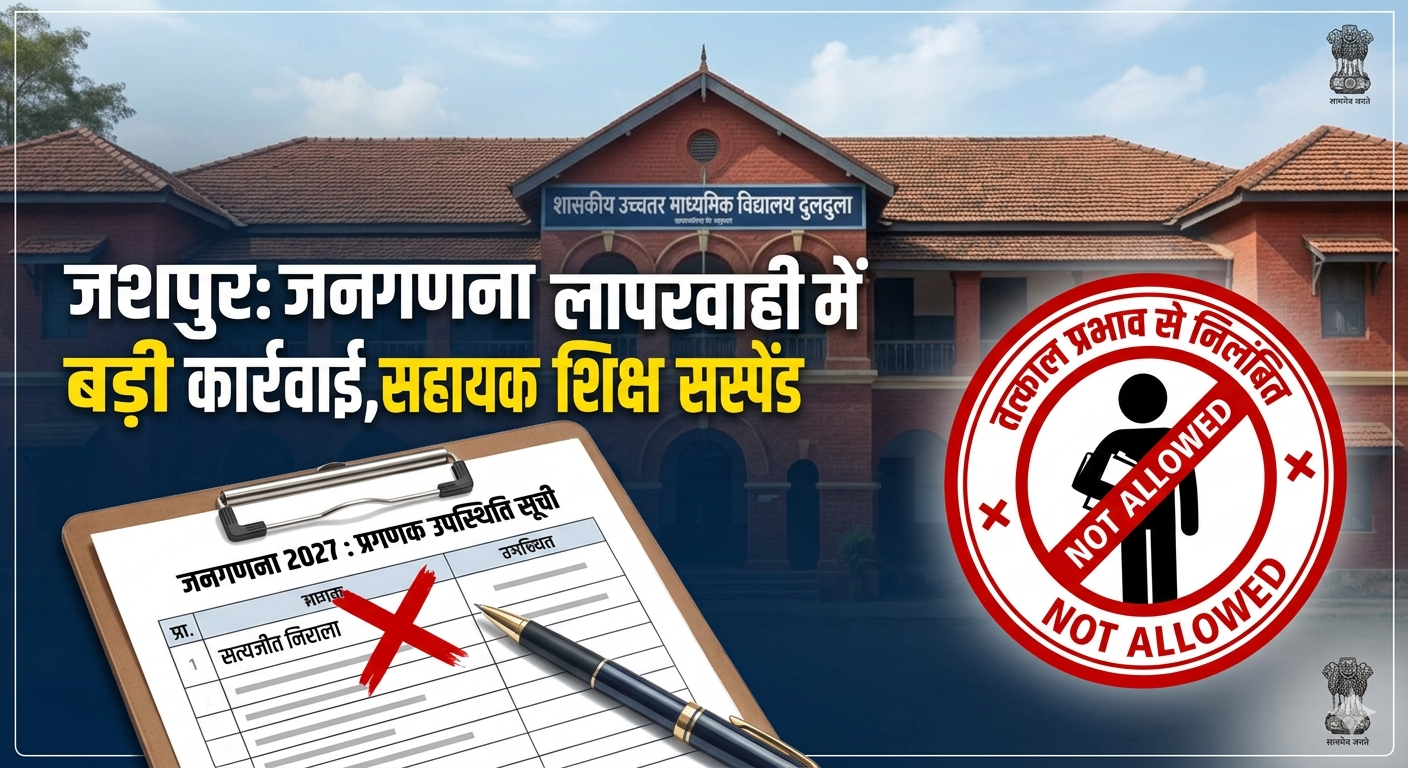 जशपुर: जनगणना प्रशिक्षण से नदारद रहना शिक्षक को पड़ा भारी; सहायक शिक्षक सत्यजीत निराला तत्काल प्रभाव से निलंबित