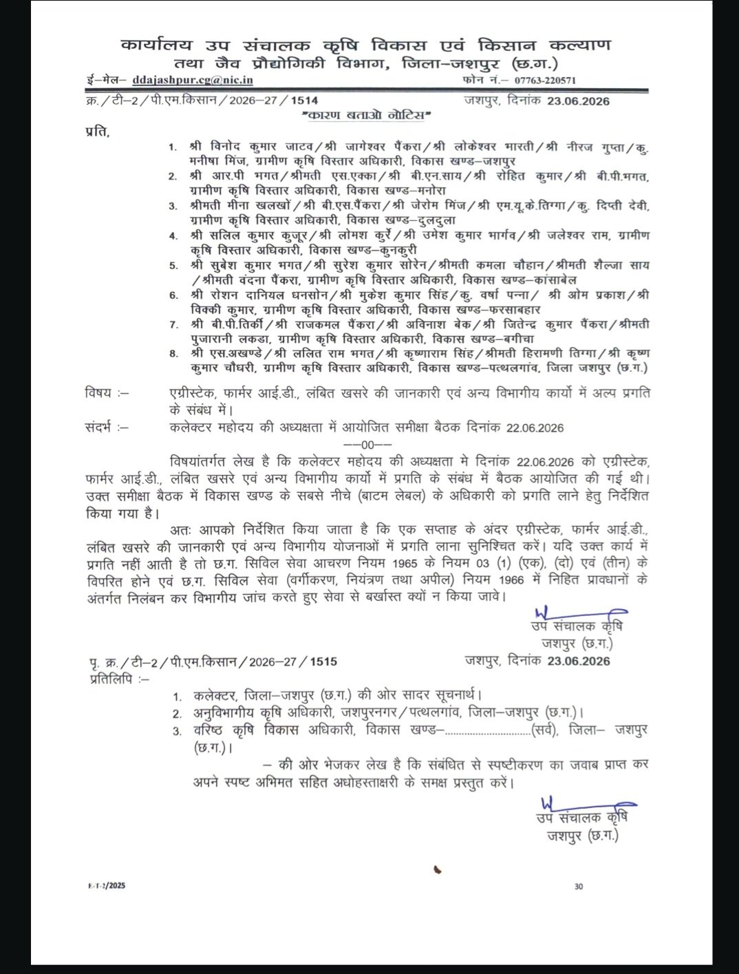 कलेक्टर रोहित व्यास का कृषि विभाग पर कड़ा एक्शन: काम में लापरवाही पर 39 कृषि विस्तार अधिकारियों को ‘शो-कॉज़’ नोटिस, निलंबन की चेतावनी